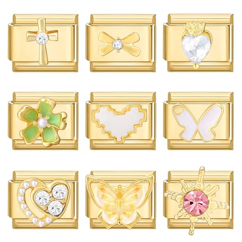 Italian Charms Bracelet Sets with 1Pcs Starter Brascelet 9Pcs Charms 9mm Italian Modular Charm Bracelet DIY Module Jewelry Gifts - color: B-Starter Bracelet Set-GoldSilver