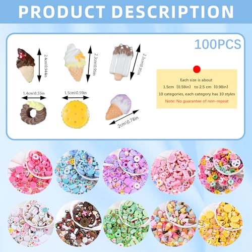 100 pcs Assorted Slime Charms, BOSOIRSOU Cute Candy Sweet Fruits Donut Charms Ornaments Flatback Resin Cabochons for Craft Making Ornament Scrapbooking DIY Crafts Beads Making Supplies - Random Style - color: 100 pcs