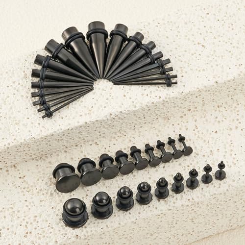 Longbeauty 14G-00G 36pcs Ear Gauges Stretching Kit Surgical Steel Tapers for Ears Gauge Starter Kits Single Flat Top Gauges Plugs for Women Men - color: Black