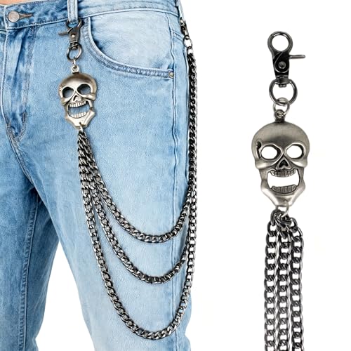 Layered Punk Pants Chain for Men Women, Gothic Hip Hop Jean Chain Wallet Chain Biker Trouser Chain, Goth Emo Fashion Keychain Accessories - color: 3L-Skull