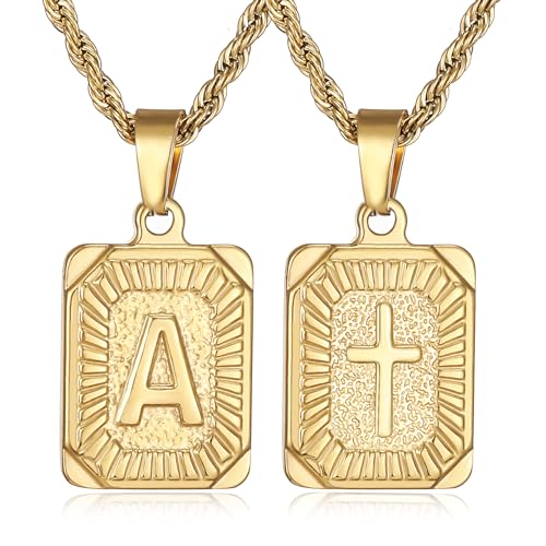 SKQIR initial Letter Necklaces for Men,Stainless Steel Plated A Z Square Pandent Letter Necklace for Women,Cross Necklace with Letter Chain Pendant for Boys Stocking Stuffers Christmas New Year Gifts for Men Women - color: Gold, style: Cross A