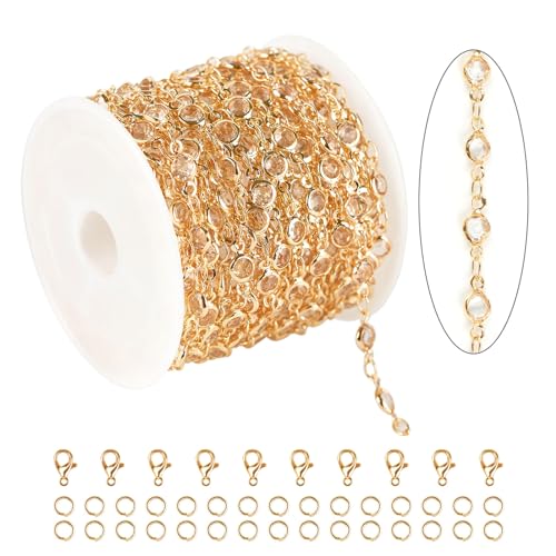 KYUNHOO 16.4 Feet Jewelry Making Supplies Set Gold Plated Brass Chain for Jewelry Craft Making Clear Beaded Necklace Chains Roll with Jump Rings Lobster Clasps - color: Clear Beaed-Gold