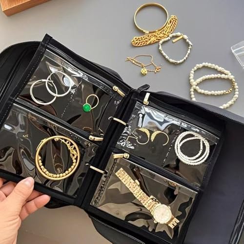 GSXRB Travel Jewelry Organizer Case with Clear Zipper Pouches,3pcs Velvet Jewelry Storage Book Binder, Multi-Layer Inner Pages for Earrings/Rings/Necklace/Bracelet, Compact & Waterproof(Black lining) - color: Black lining