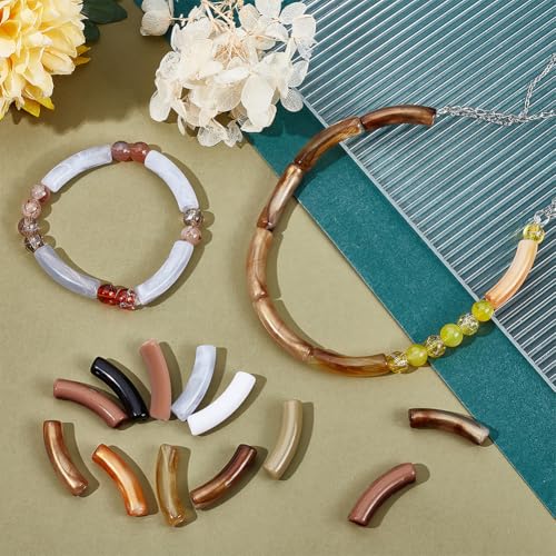 PH PandaHall 80pcs Opaque Acrylic Tube Beads, Curved Noodle Slide Beads Spacer Loose Bead Long Tube Charm Bead for DIY Bracelet Jewelry Making Craft Supplies, Hole: 1.8mm - color: Brown Color