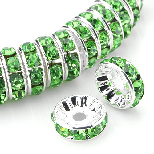 Allb 100Pcs Rondelle Spacer Beads 8mm Silver Plated Czech Crystal Rhinestone for Jewelry Making Loose Beads for Bracelets (Green) - color: green, size: 8mm