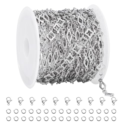 YOUBEIYEE 13 Feet Stainless Steel Jewelry Making Chains Rhombic Clover Link Chain for Women Necklace DIY Chains Bulk - color: Clover Rhombic Silver