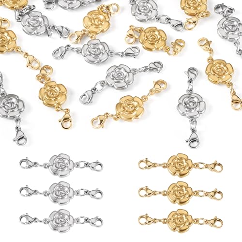 16Pcs 304 Stainless Steel Double Lobster Claw Clasps with Flower Charms, 2 Colors Metal Necklace Extender Bracelet Extension Clasp Closures Jewelry Connector for Jewelry Making Findings - color: Golden & Stainless Steel Color, Flower