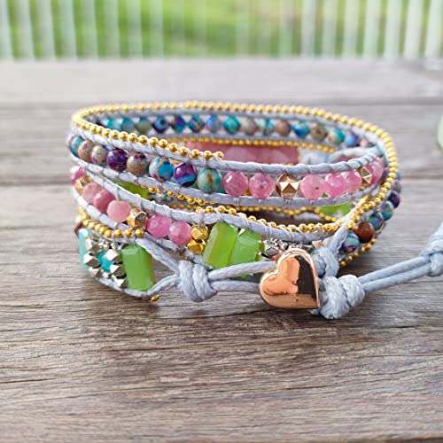 YGLINE Women Boho Handmade Natural Stone Crystal Leather Bead Wrap Bracelets Collection - color: Rhodochrosite 2-3w