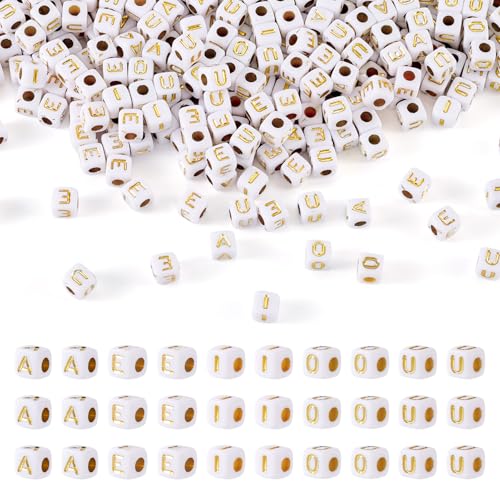 FASHEWELRY 500Pcs Acrylic Cube Vowel Letter Beads 4.5mm Square White Golden Alphabet AEIOU Spacer Beads for Friendship Bracelet Necklace Jewelry Making - color: 00-A/E/I/O/U-Gold, size: 4.5x4.5x4.5mm