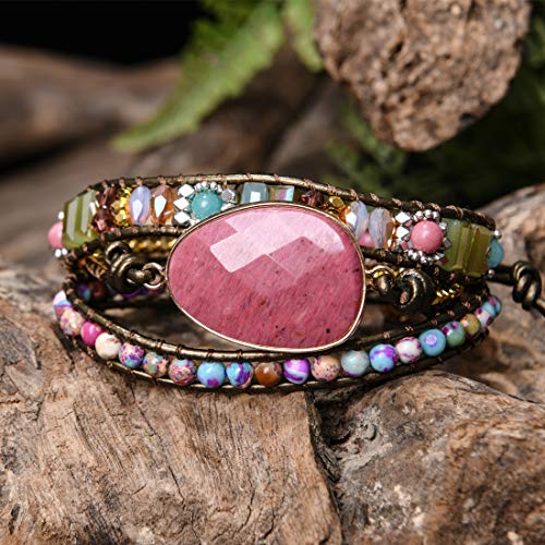 YGLINE Women Boho Handmade Natural Stone Crystal Leather Bead Wrap Bracelets Collection - color: Rhodochrosite 4-3w