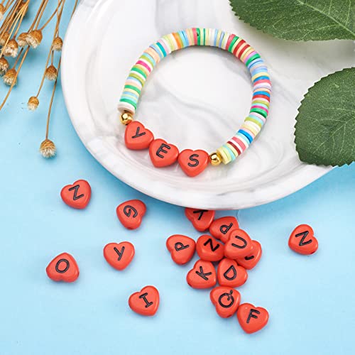 Cheriswelry 100pcs Heart Shape Acrylic Letter Alphabet Beads Opaque Red Black Letter Pony Loose Spacer Beads 10.5x11.5mm for DIY Craft Earring Bracelet Necklace Jewelry Making Supplies - color: Red Heart Letter Beads