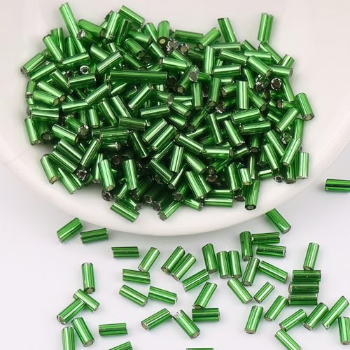 2000Pcs Tube Seed Beads 2x7mm Mini Long Glass Bugle Bead Small Craft Loose Spacer Beads for DIY Phone Charms Waist Bead Bracelets Earrings Necklaces (Dark Green) - color: Dark Green