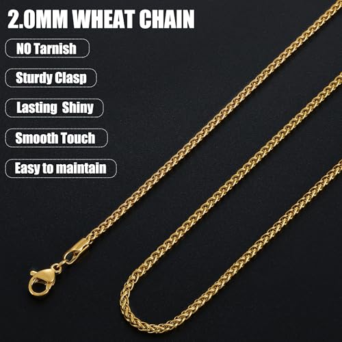 Fiusem Black Wheat Chains for Men and Women, 2/2.5/3/4/5mm Stainless Steel Necklace Chain, Mens Necklace Jewelry Gift 16-28 Inch - size: 26 Inches, style: Gold 2.1MM