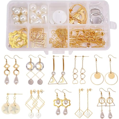 SUNNYCLUE 1 Box DIY 10 Pairs Geometric Hollow Earring Making Starter Kit Classic Round Square Heart Triangle Charm Connector, Earring Stud Hooks Jewelry Making Supplies Craft, Golden, Instruction - color: Diy 10 Pairs Earrings-style 1
