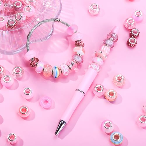 100 Pieces Assorted European Large Hole Fairy Wand Garden Beads, Mixed Color Lampwork Spacer Craft Beads for DIY Jewelry Making Supplies(Pink) - color: Pink