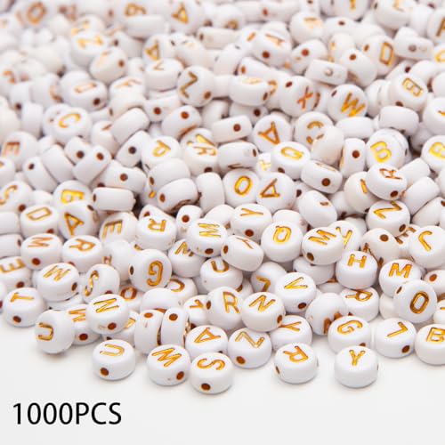 1000pcs 4x7mm Letter Beads, Acrylic Alphabet Beads A-Z Round Letter Beads for Friendship Bracelets Necklaces DIY Crafts Gifts Jewelry Making (White Gold) - color: White