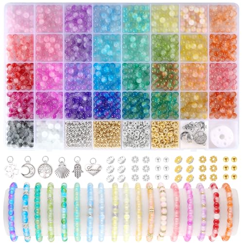 Funtopia 6mm Glass Beads Bracelet Making Kit, 1396pcs Gradient Glass Beads for Bracelets, 34 Colors Round Crystal Beads for Bracelets DIY Crafts with Spacer Beads and Charms - color: #5 Gradient Patterns, size: 6mm