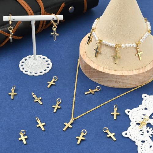 18K Gold Plated Cross Charms for Jewelry Making Brass Jesus Dangle Charm Cute Christ Pendants Bulk for Bracelets Necklaces Earrings DIY Crafts Supplies - color: 18K Gold 01