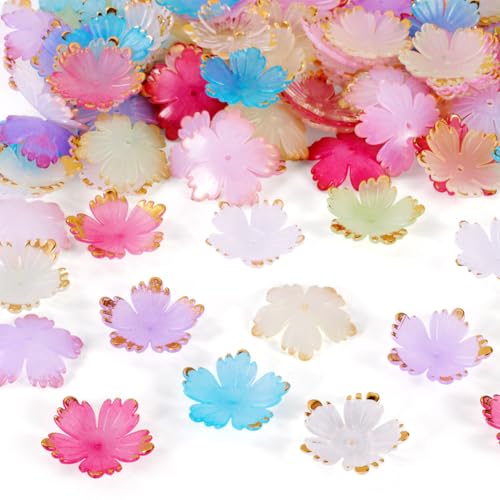 Beadthoven 120Pcs Flower Acrylic Bead Caps Colorful Cherry Blossom Flower Beads with Golden Metal Enlaced 5-Petal Flower Loose Spacers Bead for Earrings Bracelet Necklace DIY Crafts Supplies - color: Cherry Blossom-Colorful