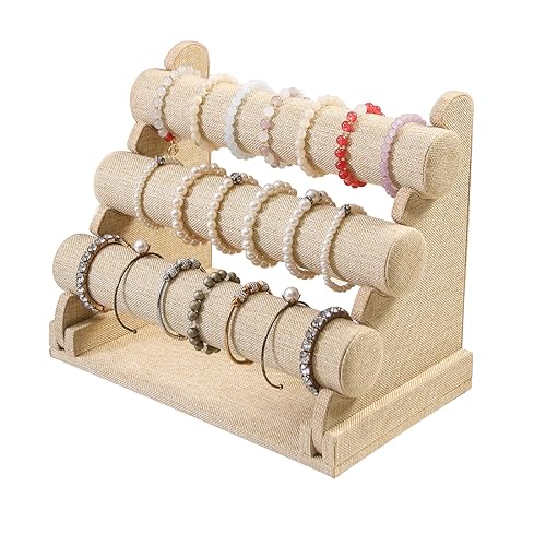 3 Tier Detachable Bracelet Holder, Bracelet Jewelry Display Stand For Store Sell Show, Watch Scrunchie Head Ties Rack Organizer For Bedroom (Yellow Linen) - color: Yellow Linen