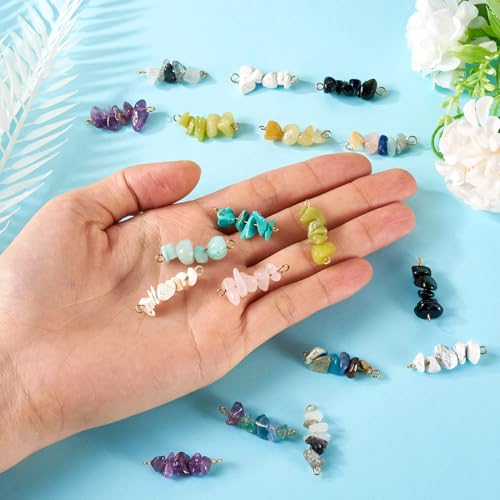 24Pcs Nuggets Gemstone Chip Connector Charms Irregular Energy Healing Crystal Beaded Pendants with Double Loops Stone Dangle Link Charms for DIY Earring Necklace Bracelet Jewelry Making - color: Mixed Color-A