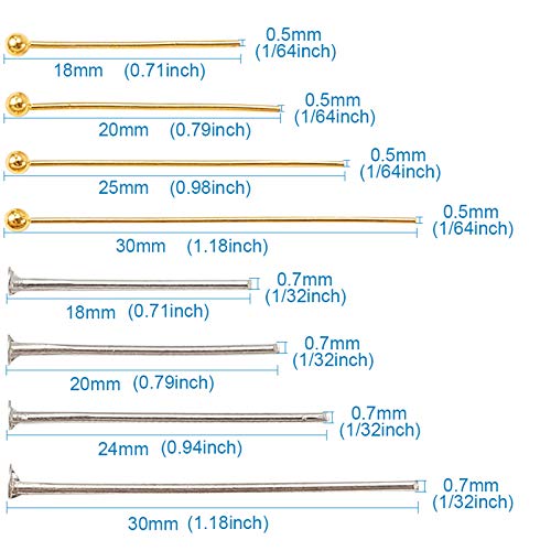 Craftdady 1600Pcs Flat Head Pins Ball Point Headpins 2 Colors Metal Wire Needle Pin Set for Earring Pendant Jewelry Necklace Bracelet Making (18mm/20mm/24-25mm/30mm) - color: Gold & Platinum, Flat & Ball Head Pins