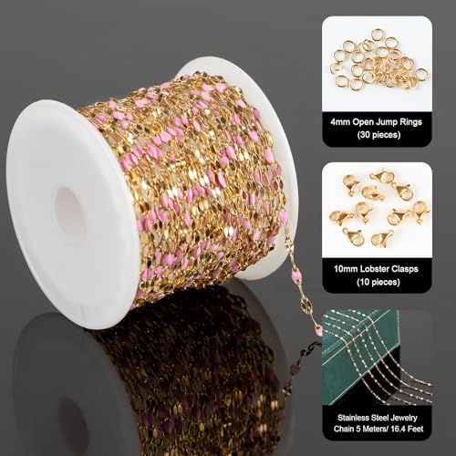 UMAOKANG 16.4ft Chains for Jewelry Making Stainless Steel Jewelry Making Supplies Pink Enamel Chain Roll with Jump Rings and Lobster Clasps - color: Gold-Pink