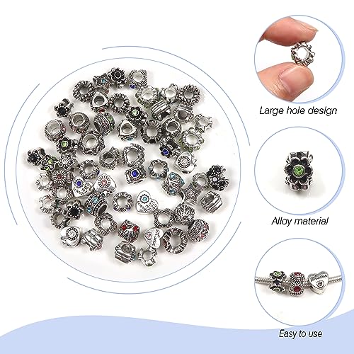 TOAOB 30pcs Assorted Rhinestone European Antique Silver Plating Silver Lampwork Charming Beads Inlaid Rhinestone Large Hole Spacer Beads Charms Supplies for Bracelet Necklace Jewelry Making