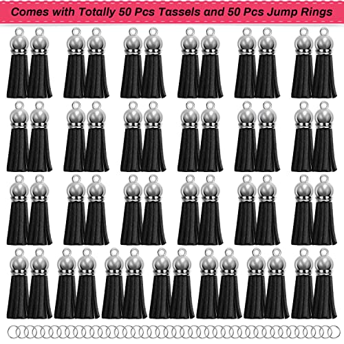 Keychain Tassels Bulk, Paxcoo Small Tassels for Jewelry Making, 50pcs Leather Tassel Keychain Charms with 50pcs Jump Rings for DIY Key Chain Craft, Black - color: Black