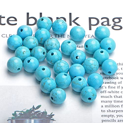 AD Beads Natural semi Precious Gemstone 10mm Round Loose Beads Big Hole 2mm Sized 30pcs (Blue Turquoise) - color: Blue Turquoise