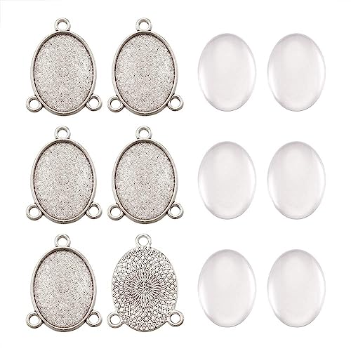 FASHEWELRY 6 Sets Tibetan Style Alloy Oval Bezel Pendant Trays with Glass Cabochons 3 Loops Base Connector Settings for DIY Jewelry Making - color: 25x18mm-6 Sets
