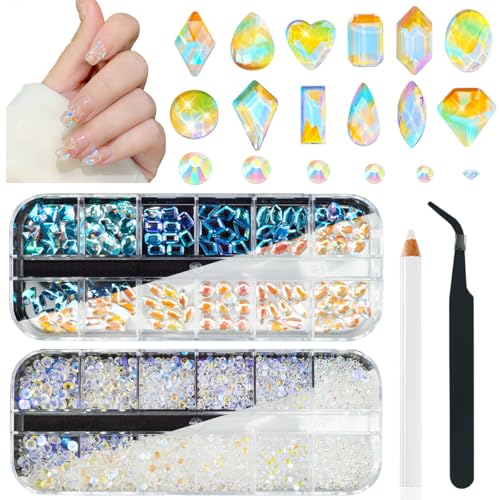 qiipii Aurora Crystal Clear Moonlight Rhinestones - Flatback Round Beads K9 Glass Gems Stones Nail Charms for DIY Crafts - color: Aurora AB, size: A Set
