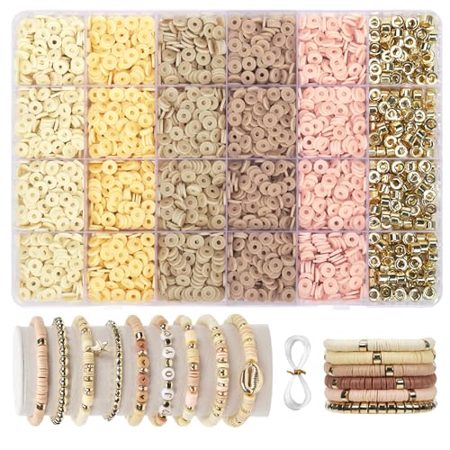 2370pcs Clay Beads for Bracelets Making, 6 Color Coffee Heishi Beads Polymer Clay Beads for Jewelry Making Supplies Charm, Friendship Bracelet Making Kit for Girl Women Adults (Neutral) - color: Neutral