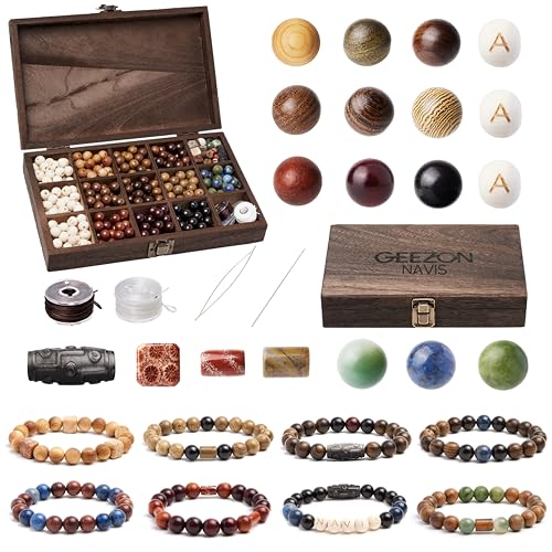 Geezon Navis Bracelet Making Kit - 10mm Natural Wooden Beads with Letters & Stone Beads - 296pcs in 16 Colors - DIY Jewelry Making Starter Kit Adult Men Women Birthday Mothers Day Gift Craft