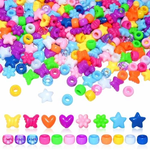 Amaney 500pcs Assorted Acrylic Beads Heart Flower Butterfly Star and Pony Beads Multi Color Big Hole for Bracelet Necklace Craft Jewelry Making - color: Butterfly pony