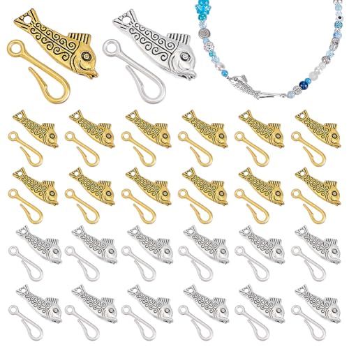 PH PandaHall 40 Sets Fish Toggle Clasps, 34mm OT Clasps Alloy Jewelry Clasp Closure Metal T Bar Clasp Closure Clip Connector for Necklaces Bracelets Jewelry Craft Making, Antique Golden/Silver