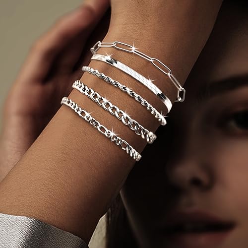 Gold Bracelets Set for Women Stack, Chunky Thick Bracelets Stack for Women Trendy, Simple Dainty Thin Gold Plated Cuff Stackable Bracelets With Beaded Cuban Paperclip Snake Rope Bangle Hand Chain Jewelry - style: Style 02-silver