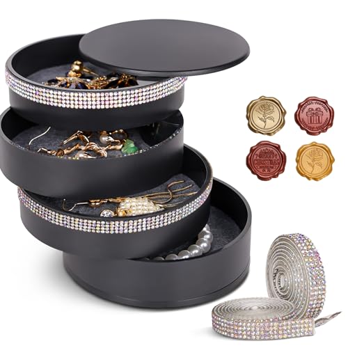 CONBOLA Jewelry Holder Organizer, Christmas Gifts Ideas for Women, Small Jewelry Storage Box Earring Holder, 5-Layer Rotating Jewelry Storage Tray with Lid for Bracelets Rings Bracelets - color: Sparkle Black