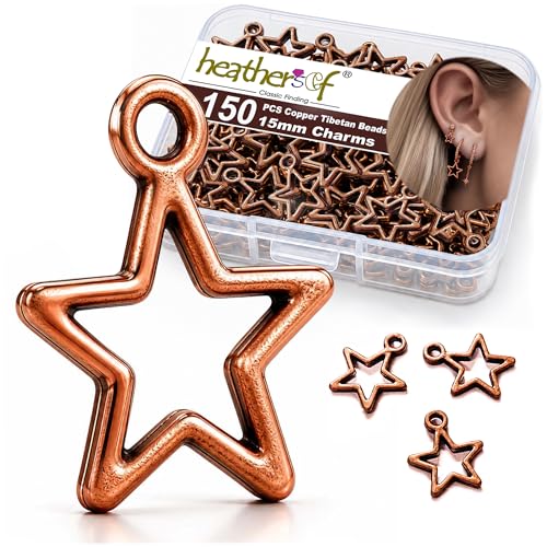 Heather's cf Celestial Beads Moon Charms Pendant Jewelry Making Earrings Necklace Bracelet Kit Findings Jump Rings Lobster Clasp Vintage Finish Plated Non Tarnish Look (Silver Star, 79-150Pcs) - color: Copper Star - 150Pc