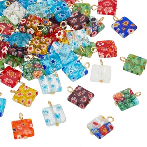 PH PandaHall 50PCS Lampwork Pendants, Square Millefiori Lampwork Glass Pendants Colorful Spacer Loose Dangle Charms with Iron Loop for Summer DIY Necklaces Earrings Crafts Making Decorations