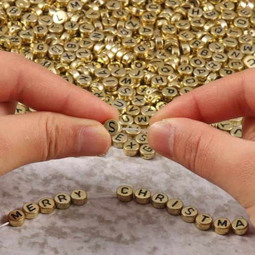 Songxi 1200pcs Gold Letter Beads for Bracelets, 4x7mm Black Alphabet A-Z Beads Friendship Bracelets Jewelry Making Kit - color: 1200pcs round golden letters