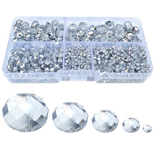 Translucent Silver Rondelle Glass Beads for Jewelry Making, Faceted Briolette Crytal Spacer Beads for Bracelet Necklace Earring (2mm 4mm 6mm 8mm 10mm Mixed Sizes, 1000pcs) - color: Silvery