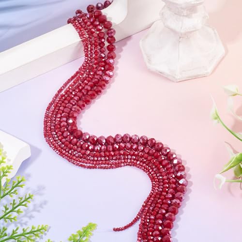 6 Strands Faceted Crystal Glass Beads Strands 2/3/4/6/8mm Rondelle Electroplate Glass Loose Spacer Beads Pearl Luster Plated for DIY Bracelet Necklace Jewelry Making, Dark Red - color: 2/3/4/6/8mm-Dark Red