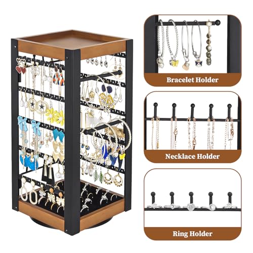 keomaisyto Rotating Earring Holder, Jewelry Holder Organizer with Ring Tray/Necklace/Bracelet Hooks, 360°Earring Organizer with Stable Bamboo Base for Jewelry Display (Patent Pending) - color: Black