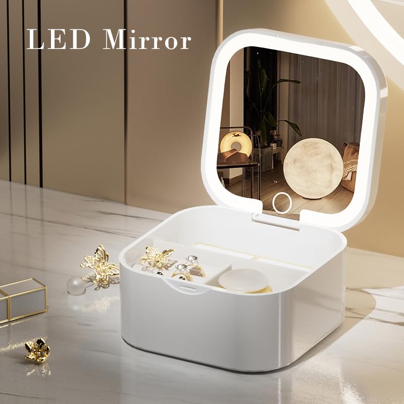 Portable Jewelry Box with LED Mirror, White, 3.5 x 3.5 x 1.8 inches, Travel Size Organizer