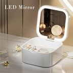 Portable Jewelry Box with LED Mirror, White, 3.5 x 3.5 x 1.8 inches, Travel Size Organizer