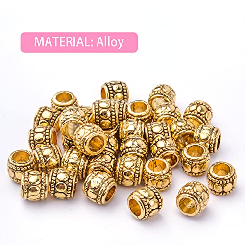 BronaGrand 100pcs Antique Gold Large Hole Spacer Beads Tibetan Alloy European Barrel Beads Loose Charms for DIY Necklace Bracelets Jewelry Making Accessories, 7 mm x 6 mm, Hole: 4 mm - color: Gold