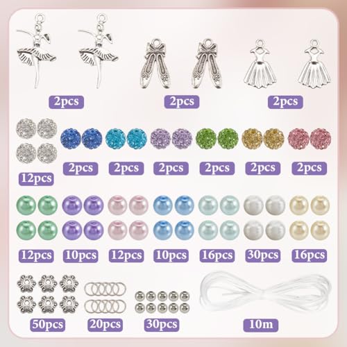 SUNNYCLUE 1 Box 236pcs DIY 6 Sets Ball Bracelet Making Kit Dance Charms Bulk Dancer Shoes Dress Theme Polymer Clay Rhinestone Disco Ballet Imitation Pearl Beads for Jewelry Making Starters Supplies - style: Dance 2