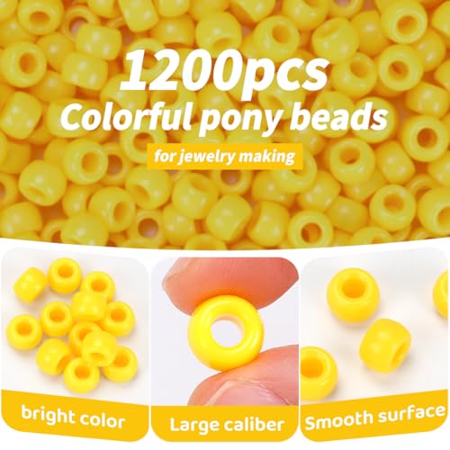 1200pcs Pony Beads Bulk – Yellow 6x9mm Plastic Craft Beads for Bracelets, Jewelry, Hair Braiding & DIY Projects - color: Yellow