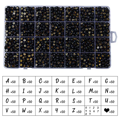 1400pcs Letter Beads, 4x7 mm Acrylic Alphabet Beads, Beads for Jewelry and Bracelet Making, in 28 Grid Box (Black and Gold) - color: Black Beads Gold Letter
